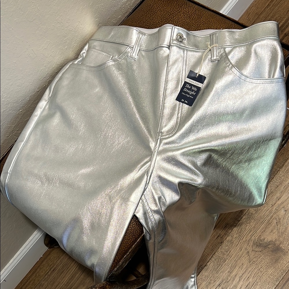 Brand New Abercrombie & Fitch Curve Love Silver Vegan Leather Straight Leg Jeans